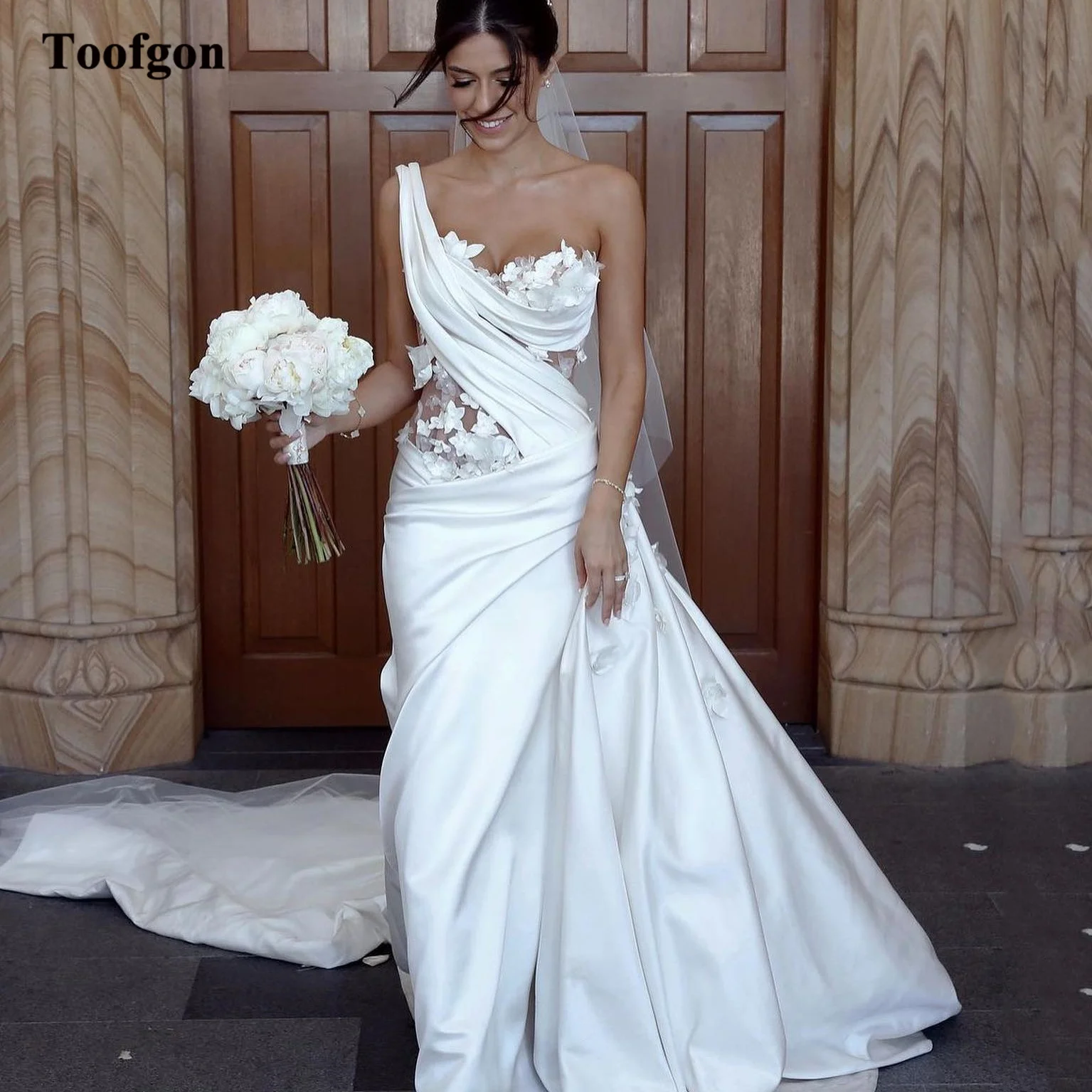 Top Trends: Toofgon Mermaid Satin 3D Flowers Wedding Dresses One Shoulder Pleated Bodycon Bride Party Gowns Princess Long Bridal Gowns 2024 Shoppable Styles