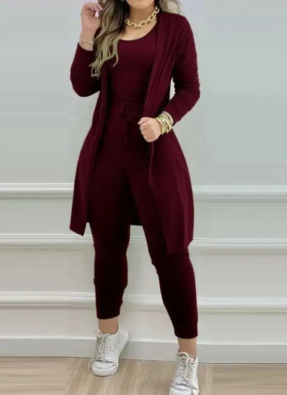 Top Trends: Elegant Commuting Two Piece Set Women Outfit 23 Autumn New Fashion Casual Solid Sleeveless Jumpsuit&pocket Design Longline Coat Shoppable Styles