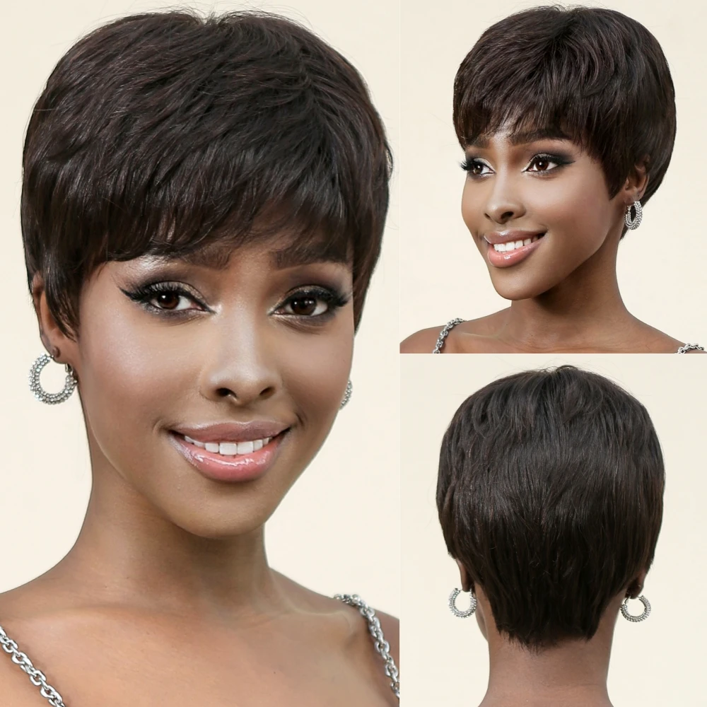 Top Trends: Short Black Bob Remy Human Hair Wigs With Bangs Pixie Cut Hairs For Black Women Afro Brazilian Machine Made Natural Glueless Wig Shoppable Styles