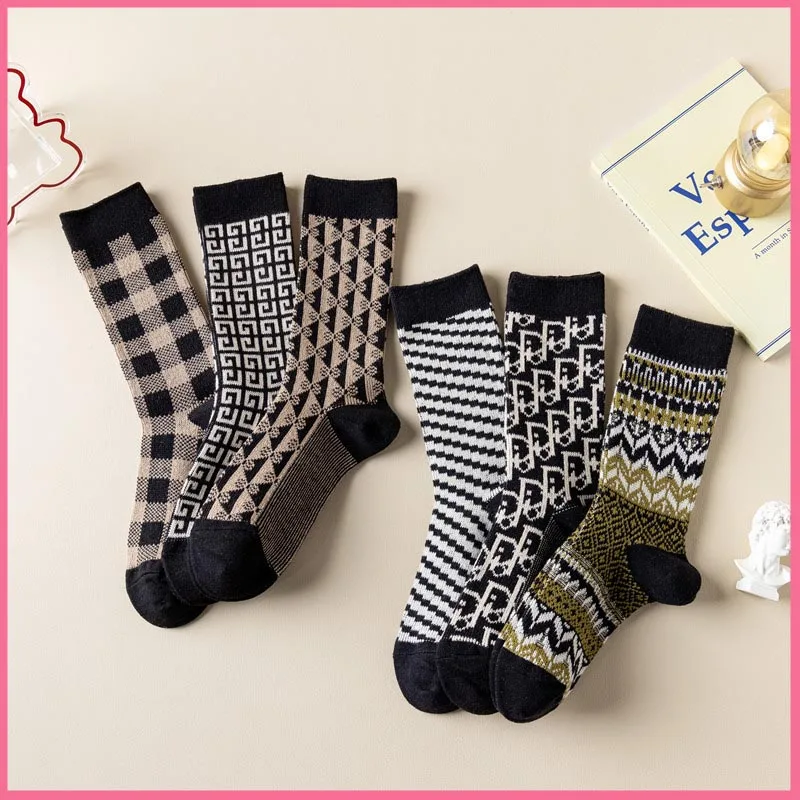 Top Trends: I Pair RetroThousand Grid Bird Women Socks Autumn Winter High Quality Double Needle Black Vintage Pure Cotton Mid Tube Socks Shoppable Styles