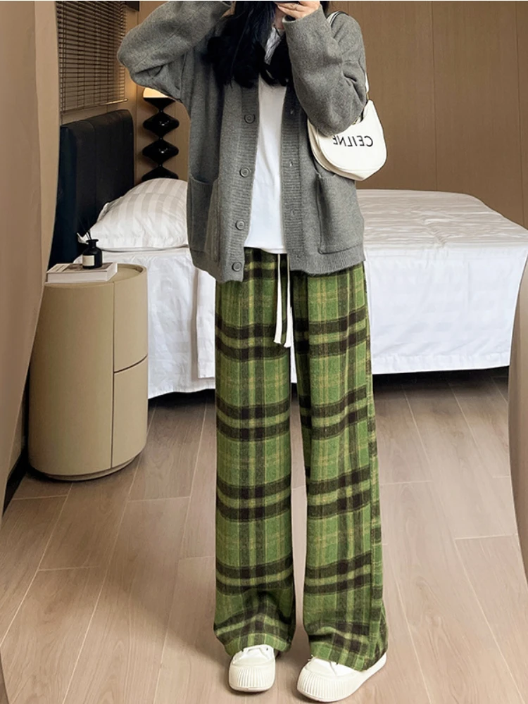 Top Trends: QWEEK Vintage Plaid Brushed Pants Women Korean Dongdaemun 2023 Winter Thick Harajuku Pants Checked Loose Casual Fleeced Trousers Shoppable Styles