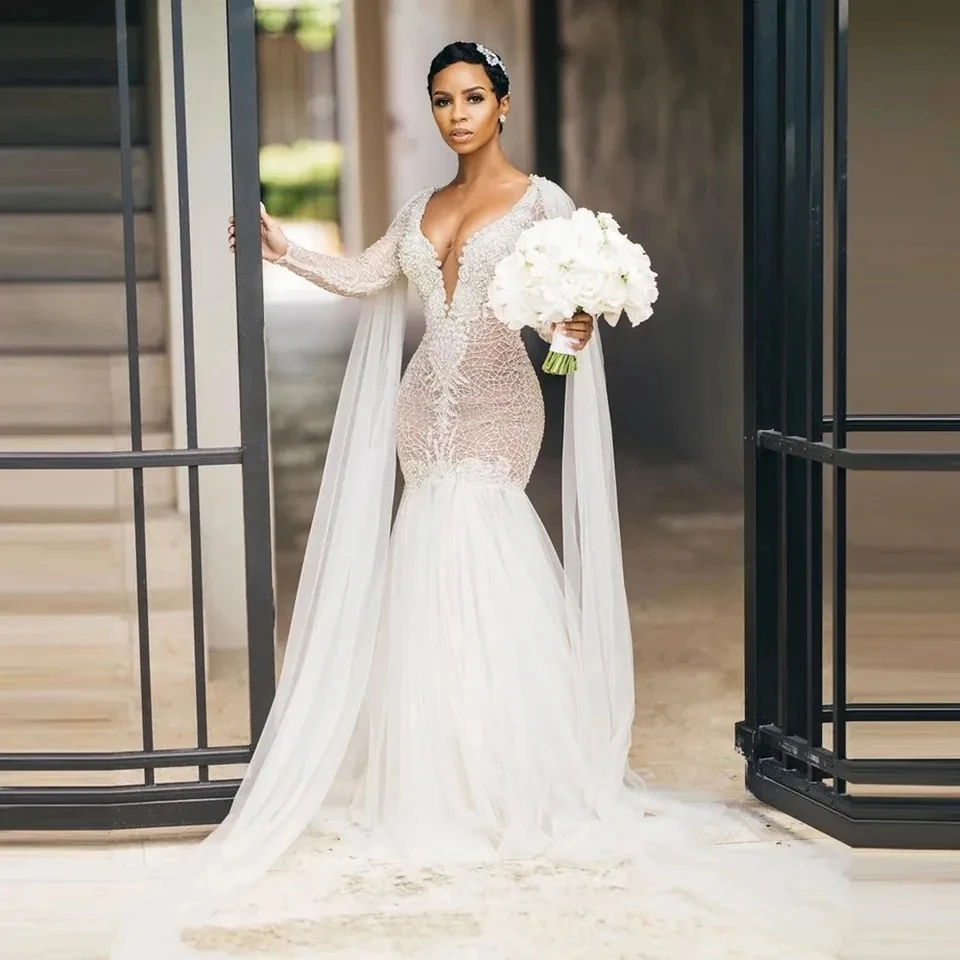 Top Trends: SoDigne African Mermaid Wedding Dresses For Brides 2023 Long Sleeve Deep V Neck Bides Dress Appliques Beaded Bridal Gowns Shoppable Styles