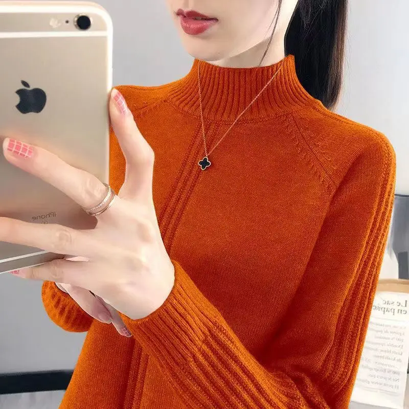 Top Trends: Fashion Solid Color Half High Collar Loose Knitted Sweater Women Clothing 2022 Autumn New Casual Pullovers All-match Warm Tops Shoppable Styles