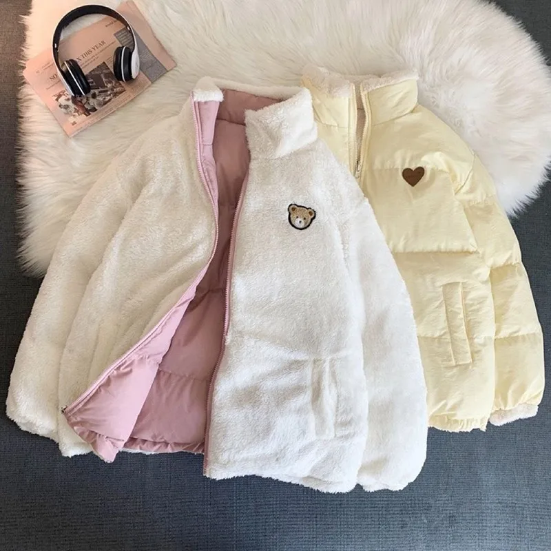 Top Trends: Double Sided Design Pink Student Clothes Coat Cute Embroidery Parkas Coat Women Winter Korean Fashion Thick Loose Warm Jacket Shoppable Styles