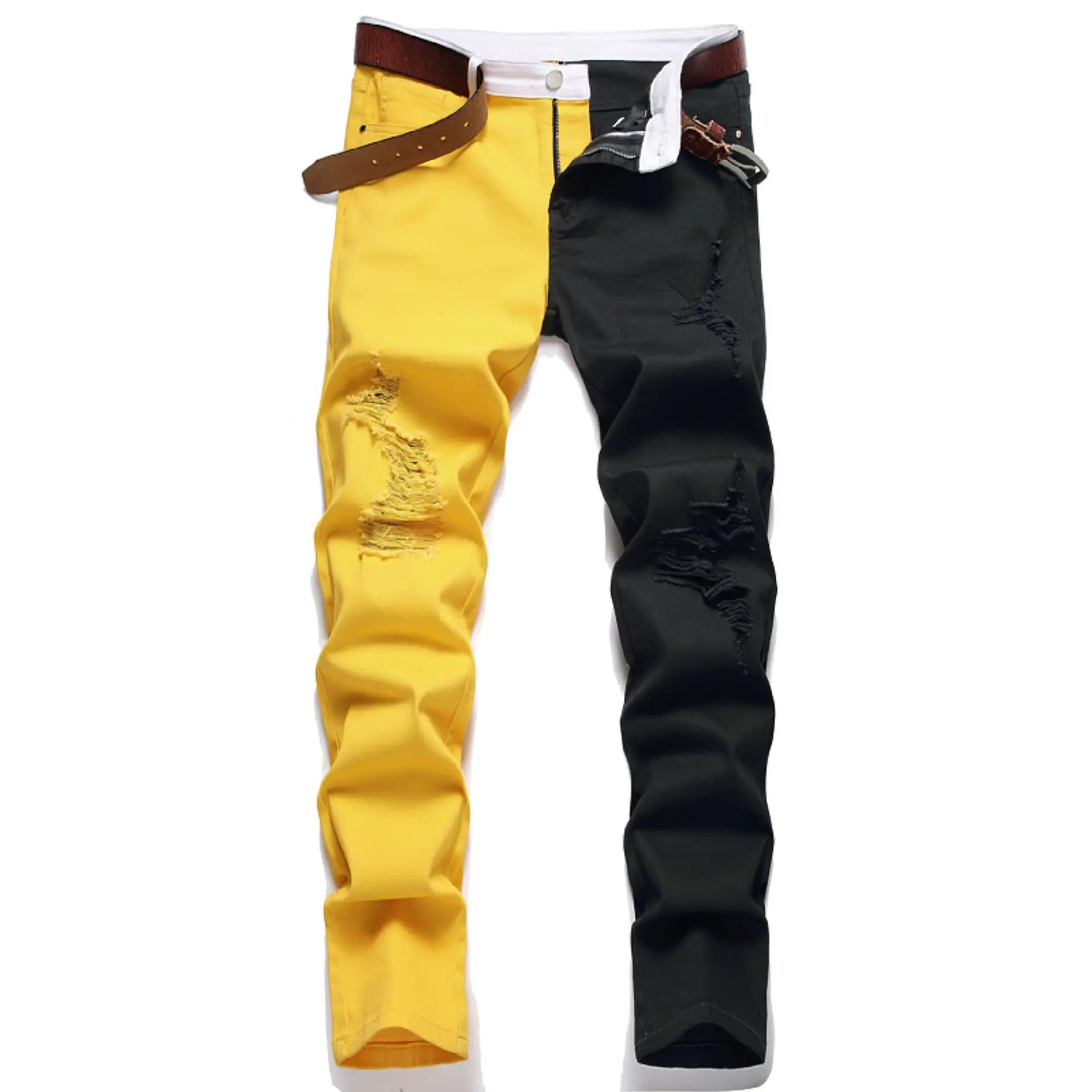 Top Trends: Autumn New Fashion Mens Y2K Black Yellow Patchwork Jeans Vintage Ripped Holes Skinny Jean Men Denim Goth Pants Pantalon Homme Shoppable Styles