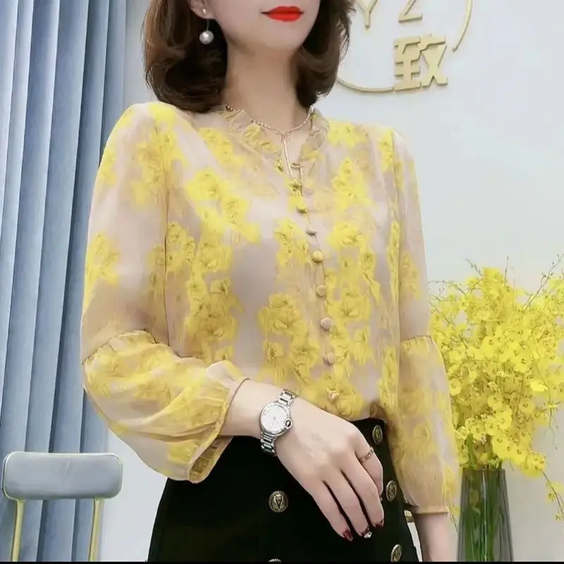 Top Trends: Office Lady Elegant V-Neck Shirt Fashion Folds Spliced Women's Clothing Casual Button Long Sleeve Spring Floral Printed Blouse Shoppable Styles