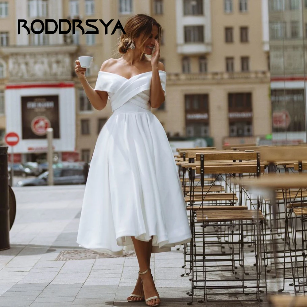 Top Trends: RODDRSYA Short Satin Wedding Dresses A-line Cross Bridal Gown Simple Vintage Lace Up Tea-Length Off The Shoulder Robe De Mariée Shoppable Styles