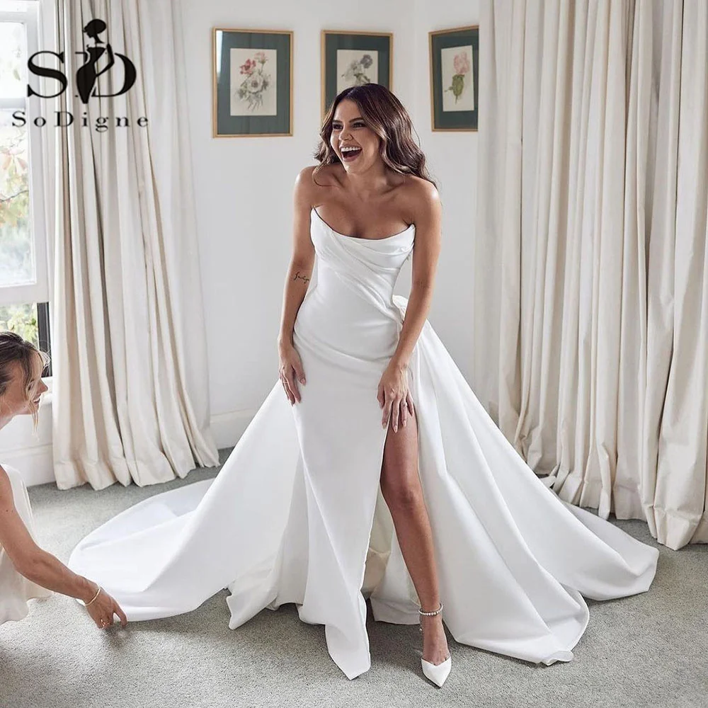 Top Trends: SoDigne Sexy Satin Wedding Dresses With Detachable Train Sweetheart Slit Wedding Gowns White Bride Dresses Vestidos De Novia Shoppable Styles