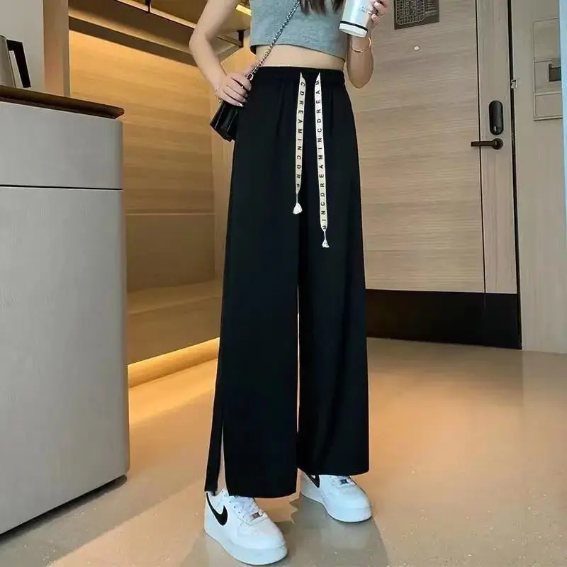 Top Trends: Korean New Summer Loose Split Hem Wide Leg Pants Elastic Waist Solid Straight Cropped Pants Casual Fashion Women Clothing Shoppable Styles