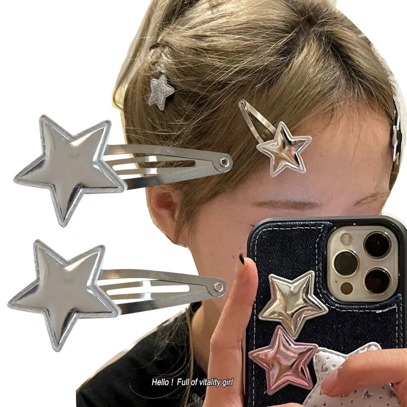 Top Trends: 2pcs Silver Color PU Star Hair Clips Y2K Silver BB Snap Clip Hairpins Cute Side Barrette Headwear Girls Women Hair Accessoires Shoppable Styles