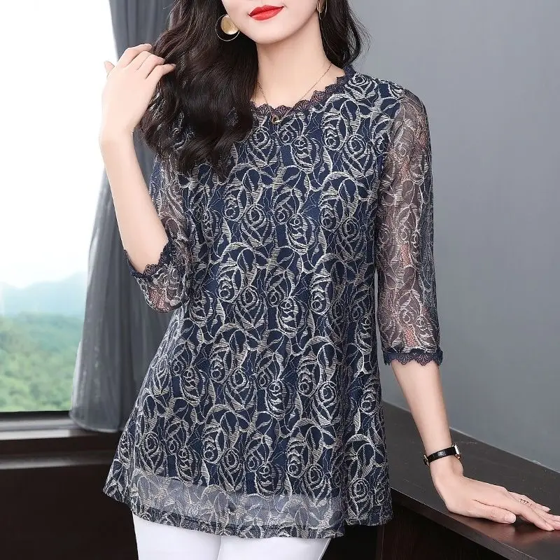 Top Trends: Vintage Oversized Women Clothing Midi Print Shirt Elegant Chic Spring Summer Basic Gauze Pullover Big Size Fashion Blouses Tops Shoppable Styles