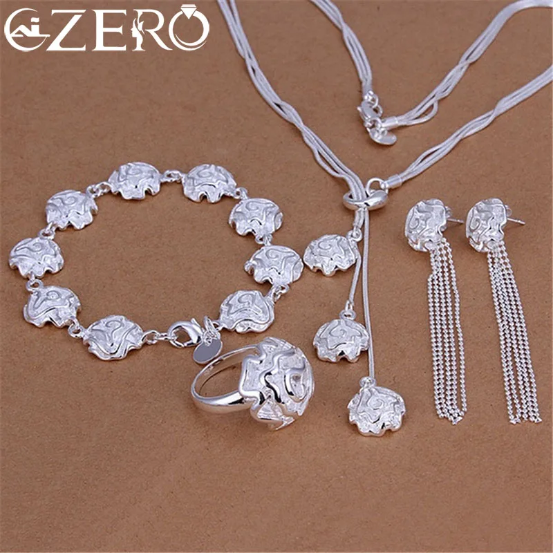 Top Trends: New Romantic Rose Flower 925 Sterling Silver Rings Bracelets Necklaces Stud Earrings Jewelry Set For Women Fashion Party Gifts Shoppable Styles