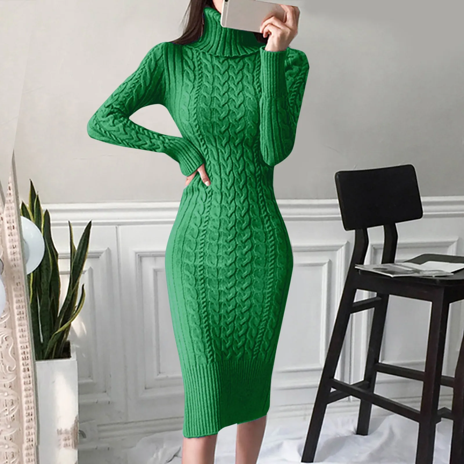 Top Trends: Women's Knitted Dress Turtleneck Long Sleeve Slim And Slim Mid-length Over-the-knee Dress In Autumn Winter Long Dress Sweater Shoppable Styles