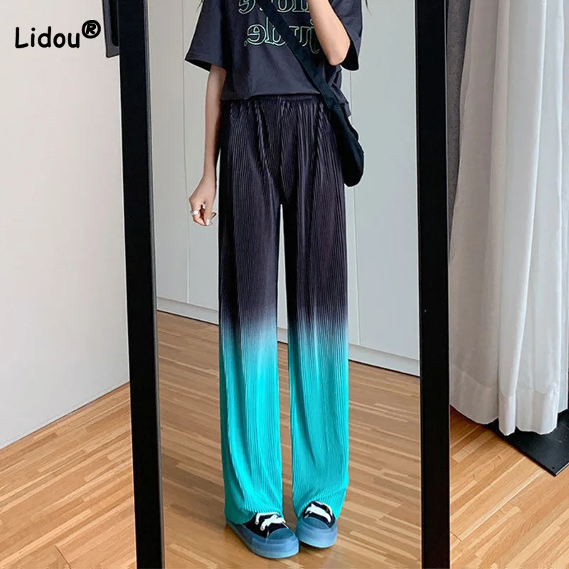 Top Trends: Commute Gradient Color Pit Strip Loose Wide Leg Pants Korean Tie Dye Elastic High Waist Straight Mopping The Floor Trousers Lady Shoppable Styles