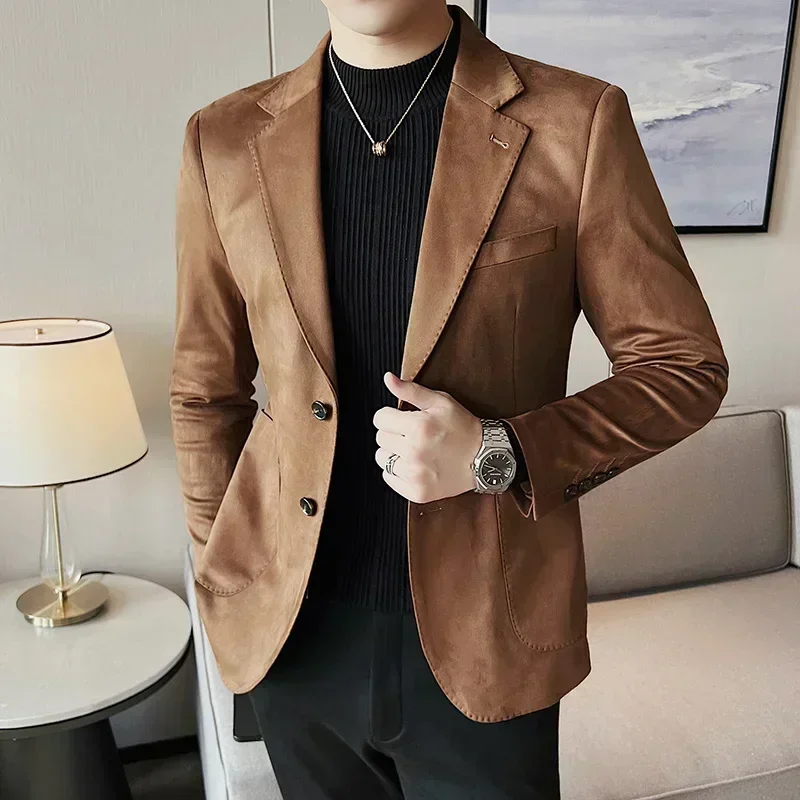 Top Trends: Fashion Slim Men Blazer High-end Deerskin Velvet Thick Solid Color Suit Jacket Gray Dark Green Brown Top Autumn And Winter Coat Shoppable Styles