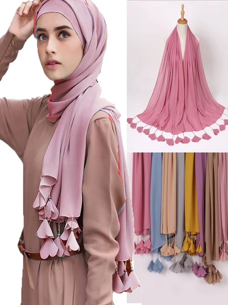 Top Trends: Designer Solid Color Bubble Chiffon Hijab Scarf Women Long Soft Wrap Scarf Shawl Scarves Femme Muslim Hijabs Heart Tassel Scarf Shoppable Styles