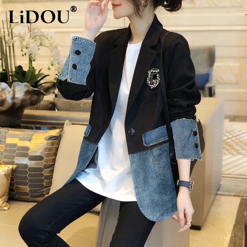 Top Trends: Autumn Winter Casual Fashion Denim Patchwork Blazers Ladies Harajuku Y2K Embroidery All-match Coat Women&#039;s Jacket Outwear Top Shoppable Styles