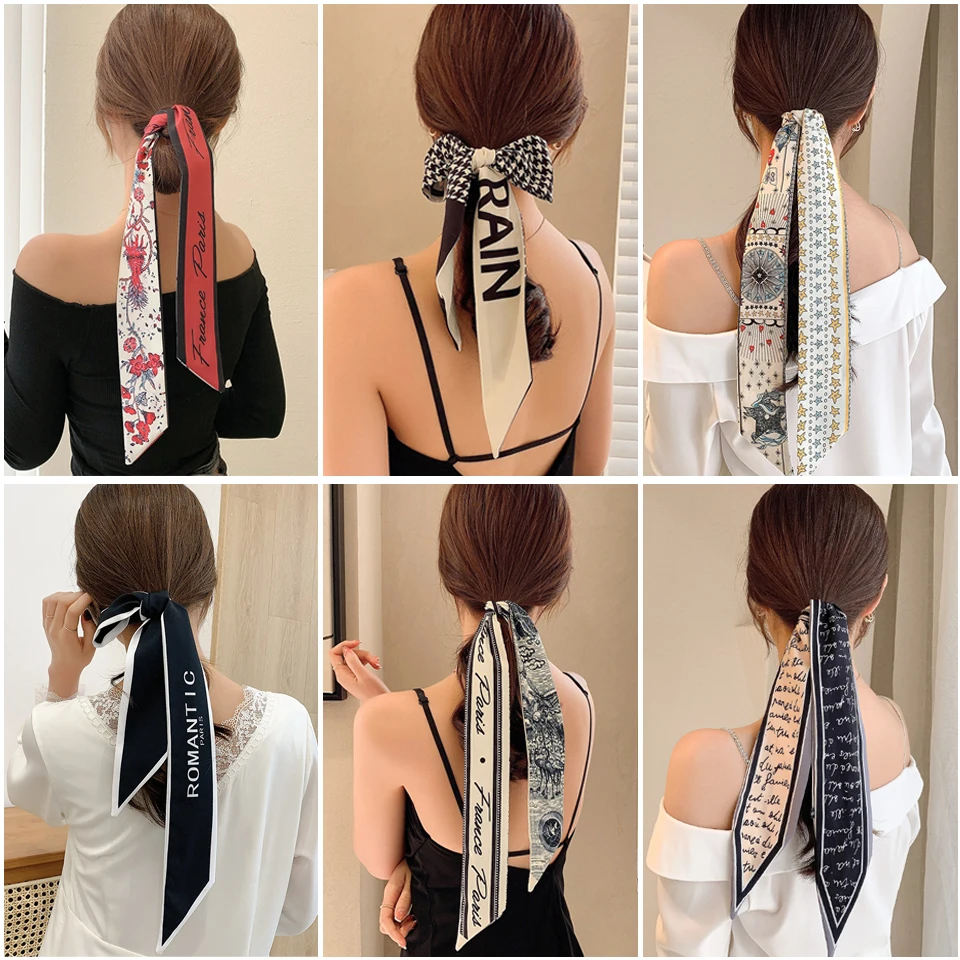 Top Trends: 2023 New Fashion Silk Scarf Hair Band Long Ribbon Bow Korean Printing Letter Hair Scarf Women Ponytail Holder Hair Accessories Shoppable Styles