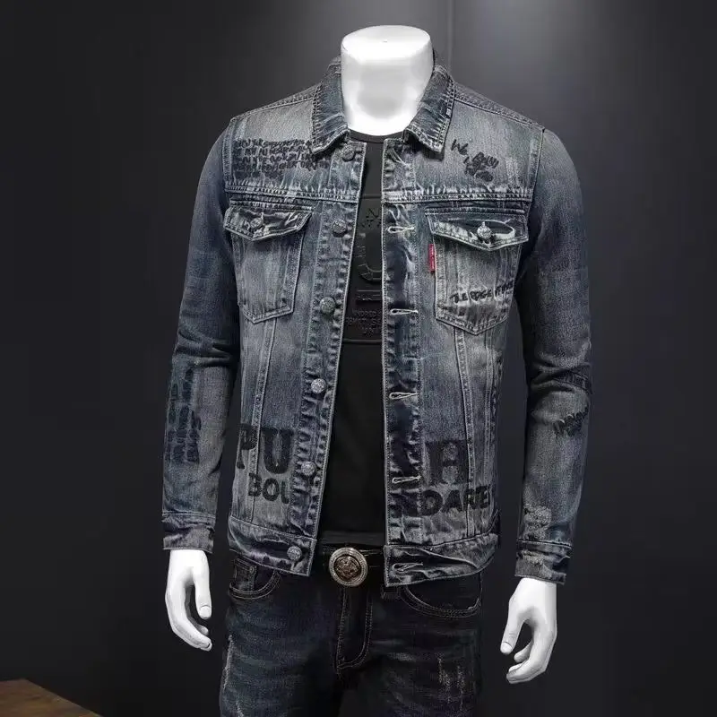 Top Trends: New Men's Denim Jacket Fashion Casual Lapel Handsome Motorcycle Jacket High Street Retro Trend Loose Denim Top Men's Clothing Shoppable Styles - Image 2