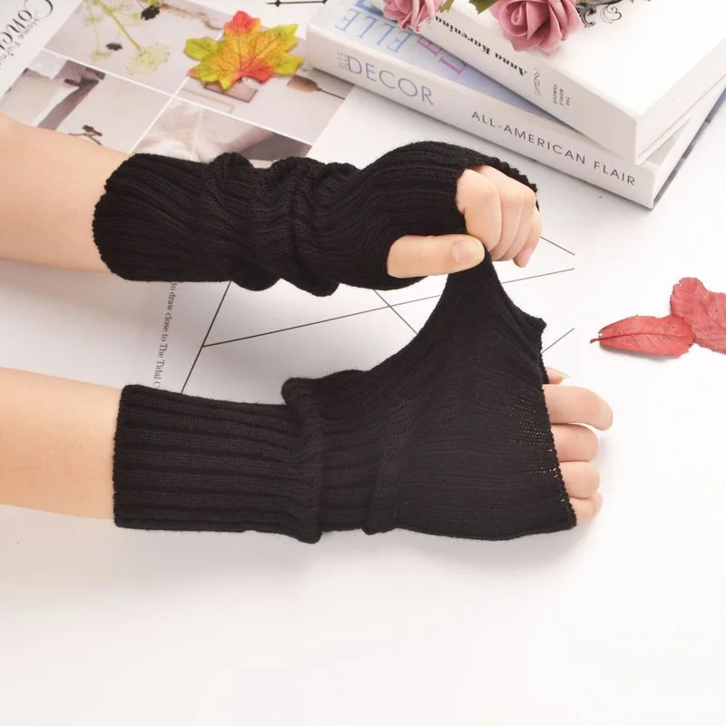 Top Trends: Black White Fingerless Gloves For Women Girl Knitted Long Arm Sleeves Arm Warmer Fine Casual Soft Punk Gothic Mittens Shoppable Styles