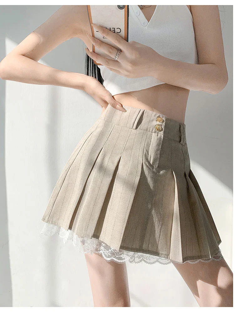 Top Trends: DEEPTOWN Korean Fashion Khaki Pleated Skirt Lace Trim Women Preppy Style Button Up High Waist Cute Sexy Summer Kawaii Mini Skirt Shoppable Styles