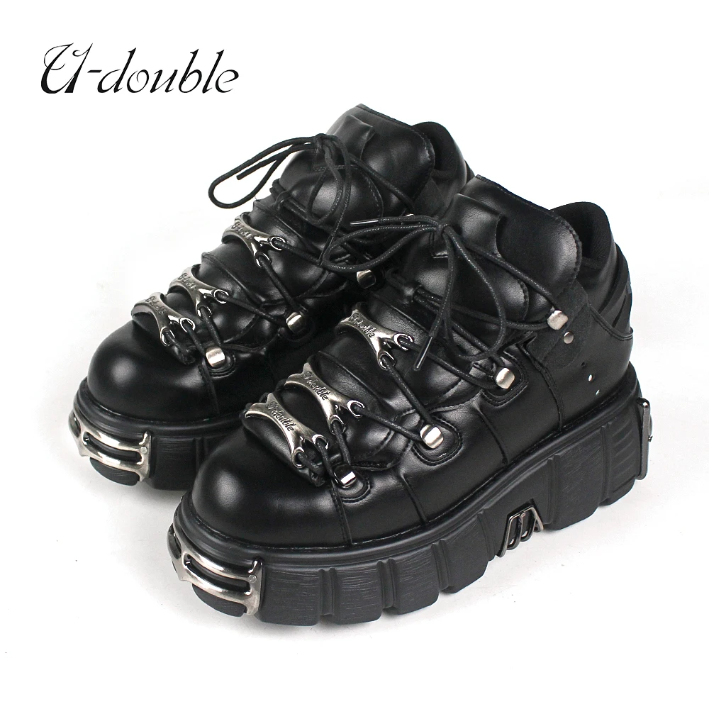 Top Trends: U-DOUBLE Brand Punk Style Women Shoes Lace-up Heel Height 6CM Platform Shoes Woman Gothic Ankle Boots Metal Decor Woman Sneakers Shoppable Styles