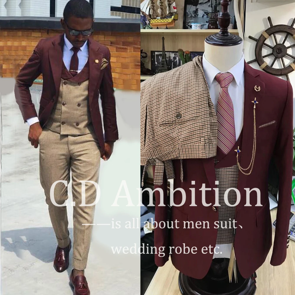 Top Trends: Burgundy Elegant Suits For Men Khaki Plaid Vest 3 Piece Slim Fit Wedding Tuxedo Jacket Coat Costume Homme Terno Masculino Blazer Shoppable Styles