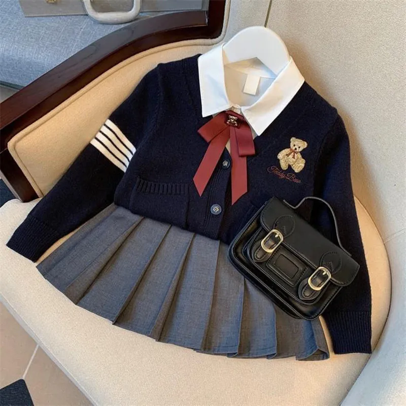 Top Trends: Girls Sweater Cardigan Suit New Children&#039;s JK College Uniform Suit White Shirt Short Skirt Coat Teenage Girls Clothes Set Shoppable Styles