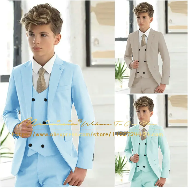 Top Trends: Casual Light Blue Boys Formal Suits Clothing Set Kids Coat Vest Pants 3Pcs Wedding Tuxedo Suit Children Blazer Party Costume Shoppable Styles