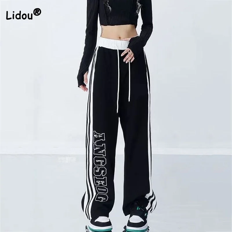 Top Trends: Spring Autumn Korean Loose Black Versatile Sweatpants Drawstring High Waist Letter Printing Casual Straight Wide Leg Trousers Shoppable Styles