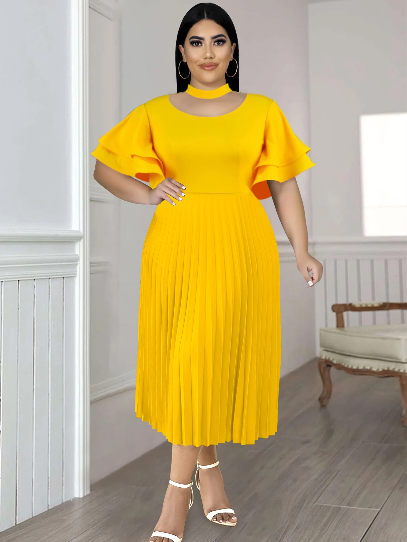 Top Trends: Yellow A Line Dress For Women O Neck Hollow Out Short Ruffles Sleeve Empire Pleated Office Casual Daily Party Midi Gowns Outfits Shoppable Styles