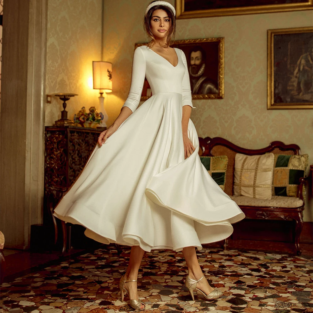 Top Trends: Ivory Three-quarter Sleeve Satin Wedding Dress Minimalist V-Neck A-Line And Calf Length Bridal Wedding Dress Spring And Autumn Shoppable Styles