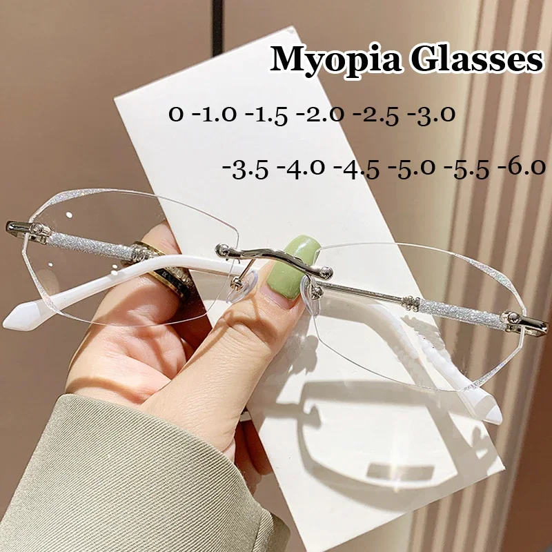 Top Trends: Luxury Ladies Myopia Glasses Diamond Cutting Rimless Anti Blue Light Minus Glasses Finished Optical Near Sight Eyewear Diopter Shoppable Styles