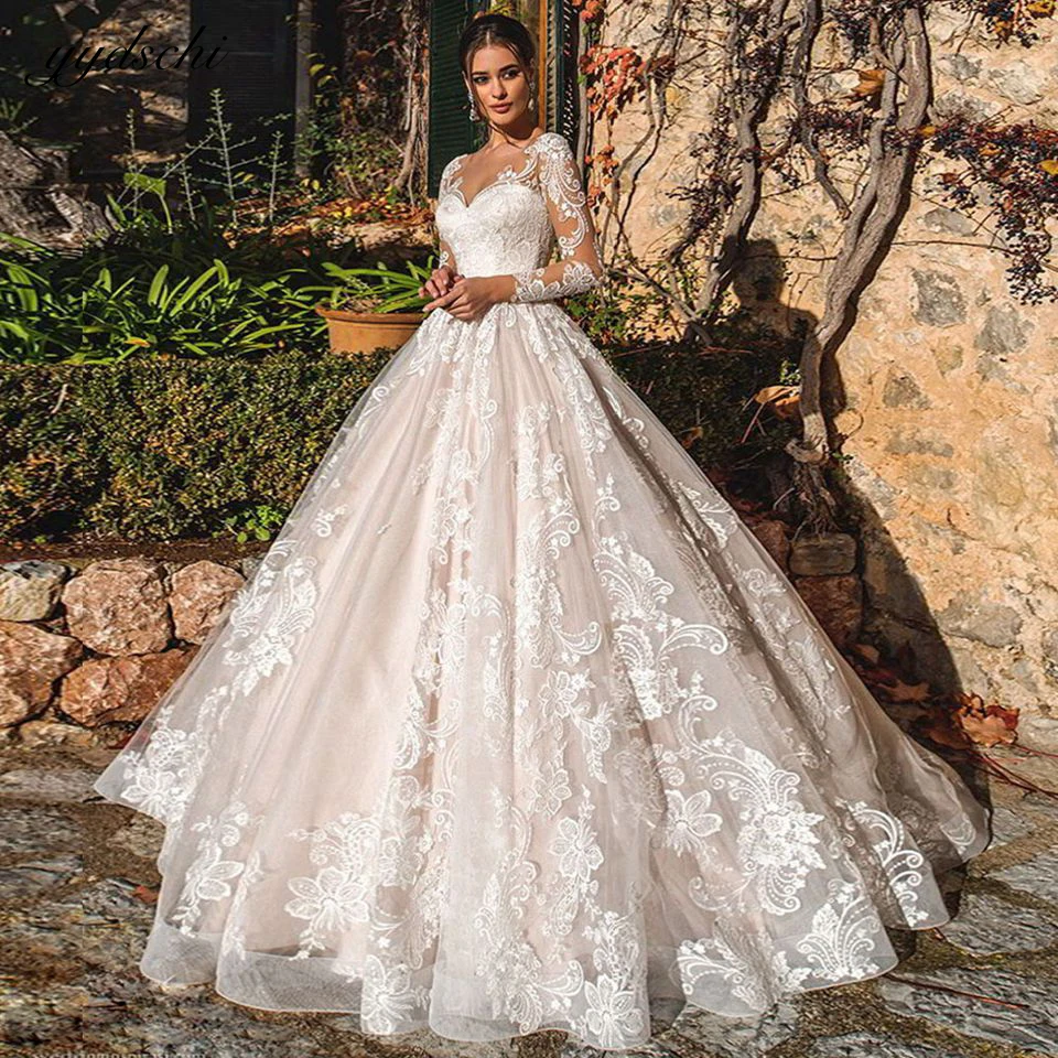 Top Trends: Exquisite Lace Appliques Ball Gown Long Sleeves Wedding Dress 2023 Illusion Buttons Back Court Train Bride Gown Vestido De Noiva Shoppable Styles