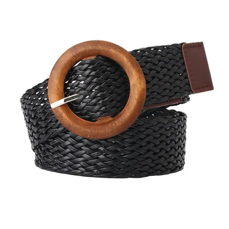 Top Trends: Vintage Braided Waist Belt Summer Solid Female Belt Round Wooden Buckle Fake Straw Wide Elasticity Belts For Women Shoppable Styles - Image 5