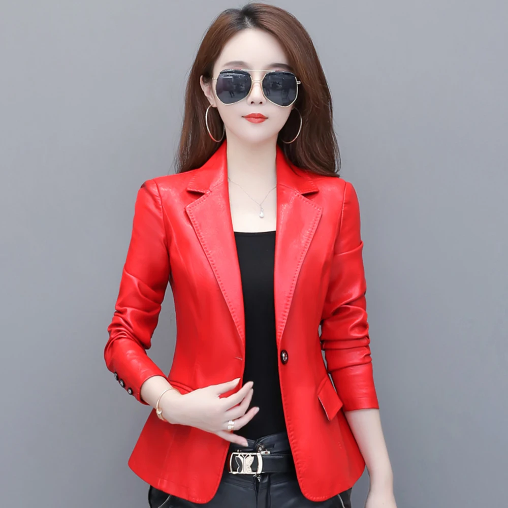 Top Trends: New Women Leather Blazer Spring Autumn Fashion Classic Suit Collar Slim Waist Small Sheepskin Jacket Split Leather Short Coat Shoppable Styles