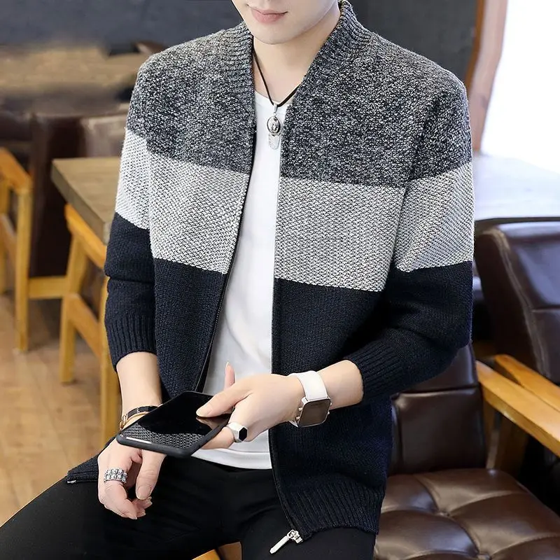 Top Trends: New Men&#039;s Clothing Knitted Stand Collar Long Sleeve Thick Autumn Winter Loose Fashion Casual Contrast Color Sweaters Cardigan Shoppable Styles