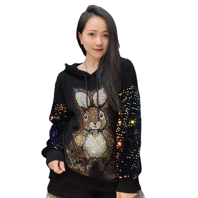 Top Trends: Cartoon Rabbit Rhinestone Sequins Hoodie Coat 2023 Spring Autumn Women's Clothing Hot Drilling Long Sleeve Sweater For Women Shoppable Styles - Image 5