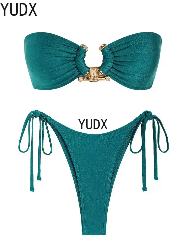 Top Trends: YUDX Solid O Ring Swimsuit For Women Tie Side Shiny Metal Hardware Ring Bandeau Bikini Swimwear Padded Bra Top Low Waisted Shoppable Styles