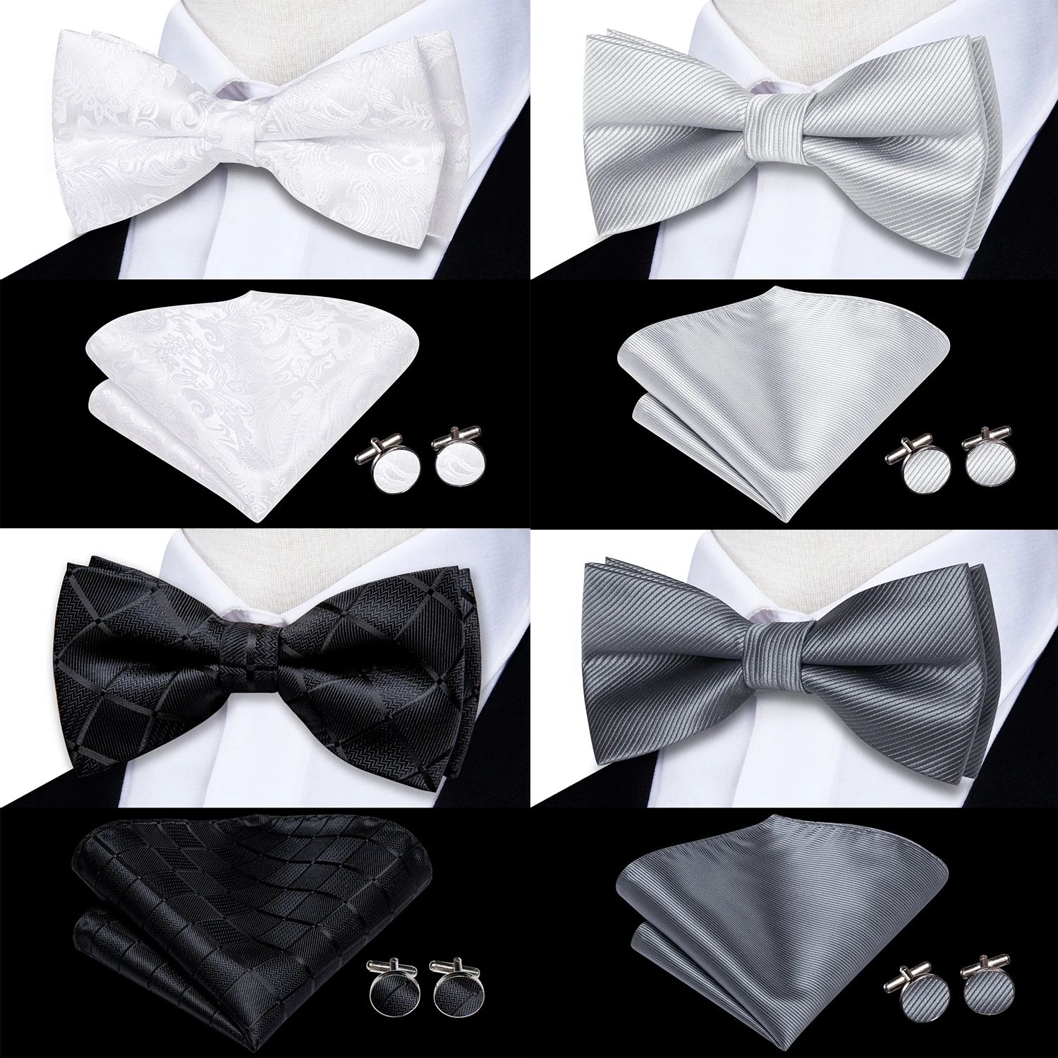 Top Trends: Hi-Tie Silk Mens Bow Tie Hanky Cufflinks Set White Black Gray Silver Pre-tied Butterfly Knot Bowtie For Male Wedding Business Shoppable Styles