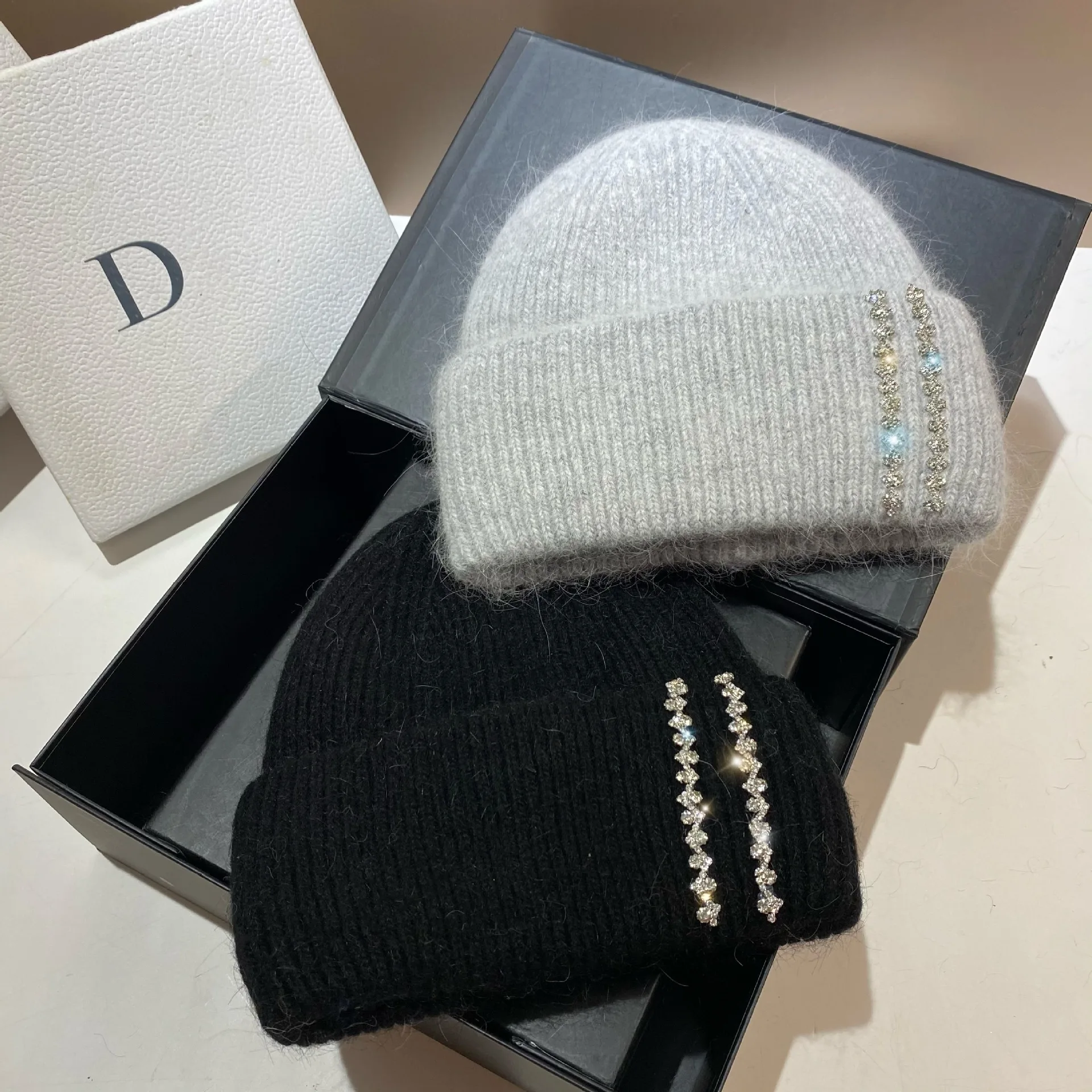 Top Trends: Luxury Rhinestones Fashion Women Winter Hats Real Rabbit Fur Wool Skullies Beanies Knitted Hat Lady Warm Walking Bonnet Cap Shoppable Styles