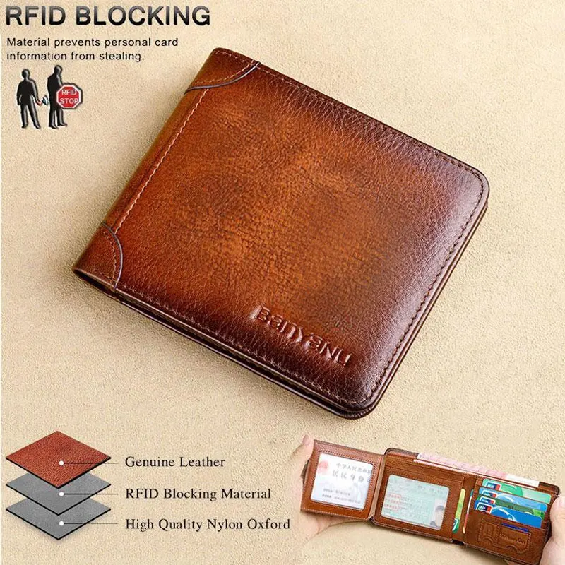 Top Trends: Men's RFID Blocking Genuine Leather Wallet Bifold Vintage Slim Short Multi Function Large Capacity Cow Skin Purse Money Clip Shoppable Styles