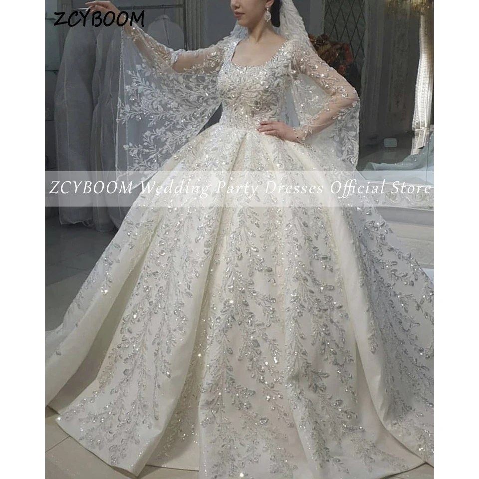 Top Trends: Luxury Square Collar Sequin Appliques Flare Sleeves Wedding Dress 2023 Ball Gown Floor Length Sweep Train Lace Up Bridal Gown Shoppable Styles