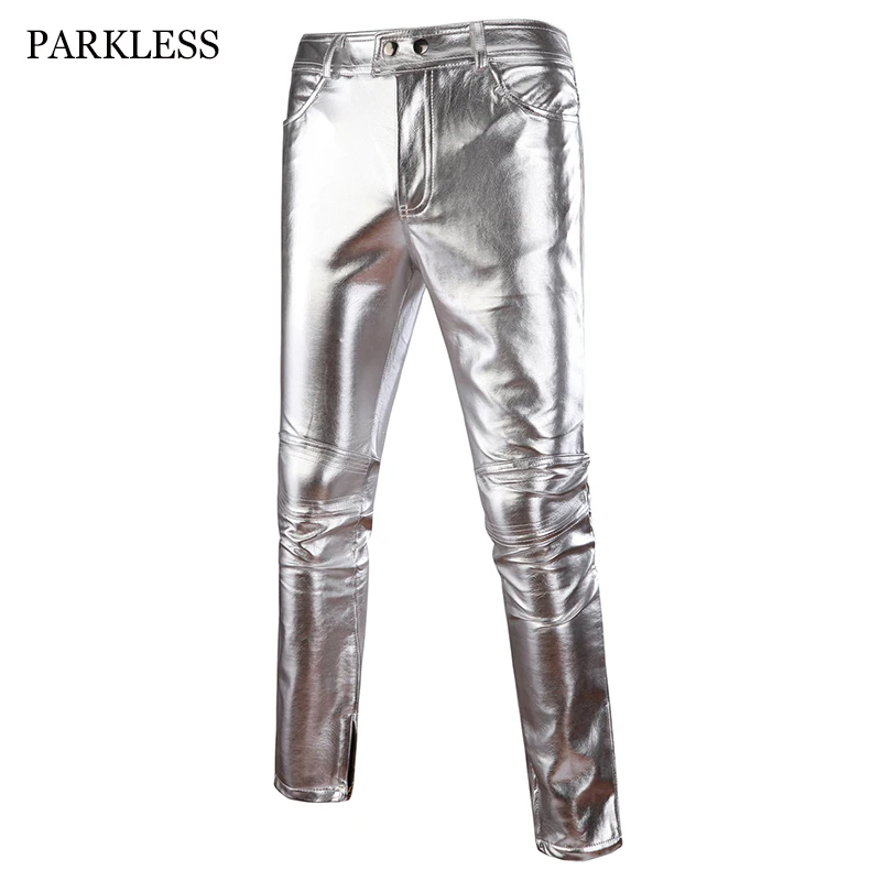 Top Trends: Motorcycle PU Leather Pants Mens Brand Skinny Shiny Gold Silver Black Pants Trousers Nightclub Stage Pants For Singers Dancers Shoppable Styles