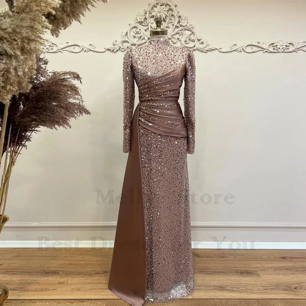 Top Trends: Elegant Champagne Full Sleeve Evening Dresses Real Picture 2023 Summer New Sequined Wedding Party Gowns Robe De Soirée 2023 Shoppable Styles