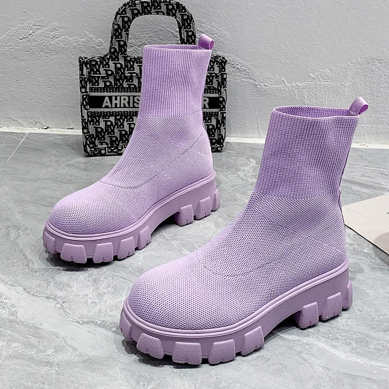 Top Trends: Size 35-43 Women Boots Stretch Fabrics Botas Spring Autumn Shoes Platform Round Toe Pink Purple Ladies Boots Zapatos Mujer Shoppable Styles