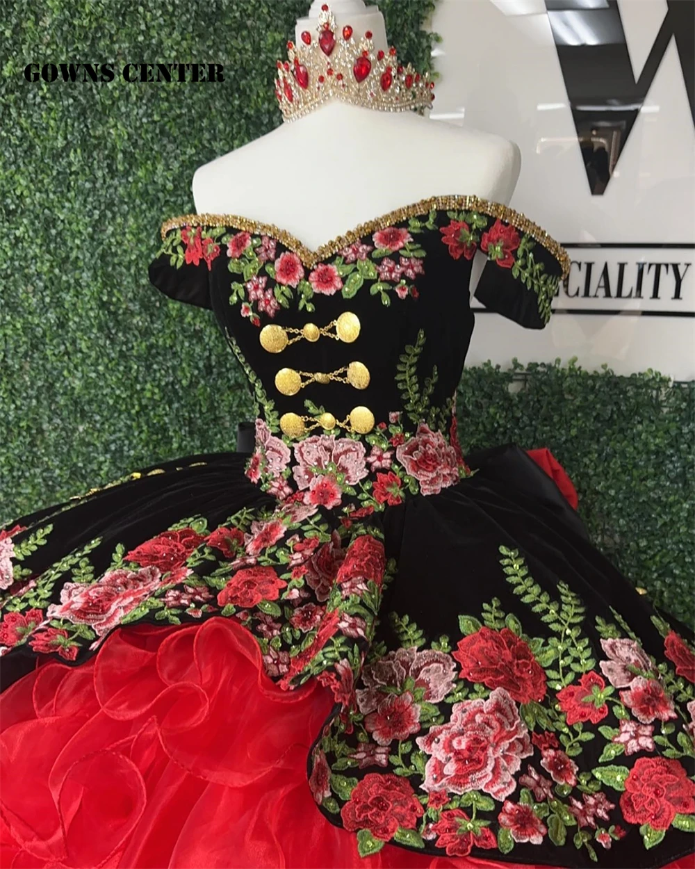 Top Trends: Vintage Mexican Embroidery Quinceanera Dresses With Bow Black And Red Ball Gown Birthday Gown Off The Shoulder Lace-Up Sweet 16 Shoppable Styles