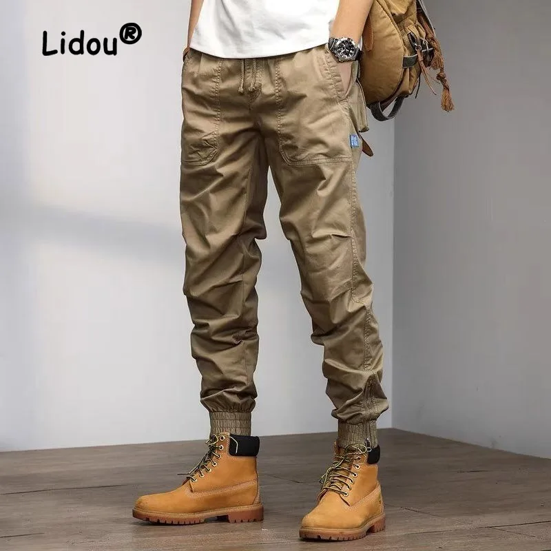 Top Trends: Classic Cotton Solid Color Pocket Cargo Pants Men's Fashion Brand Waist Drawstring Street Casual Male Slim Trousers Versatile Shoppable Styles