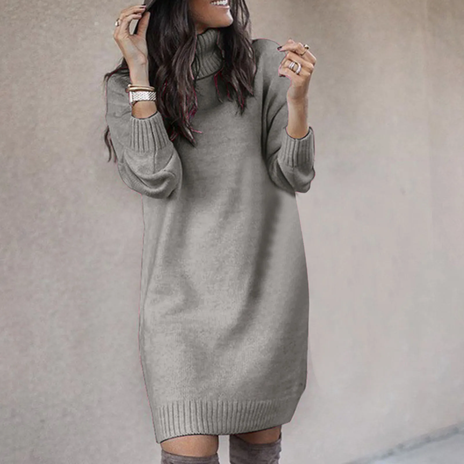 Top Trends: Autumn Winter Turtleneck Knitted Sweater Dress Women Plus Size Casual Long Sleeved Pullovers Dresses Female Warm Loose Vestidos Shoppable Styles