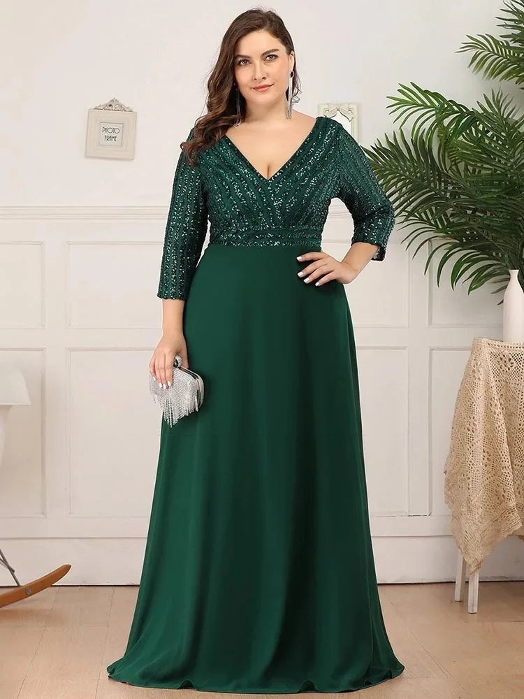 Top Trends: Plus Size Prom Dresses Long Sexy V Neck A-Line Sequin With 3 / 4 Sleeve 2024 Ever Pretty Of Dark Green Bridesmaid Dress Women Shoppable Styles